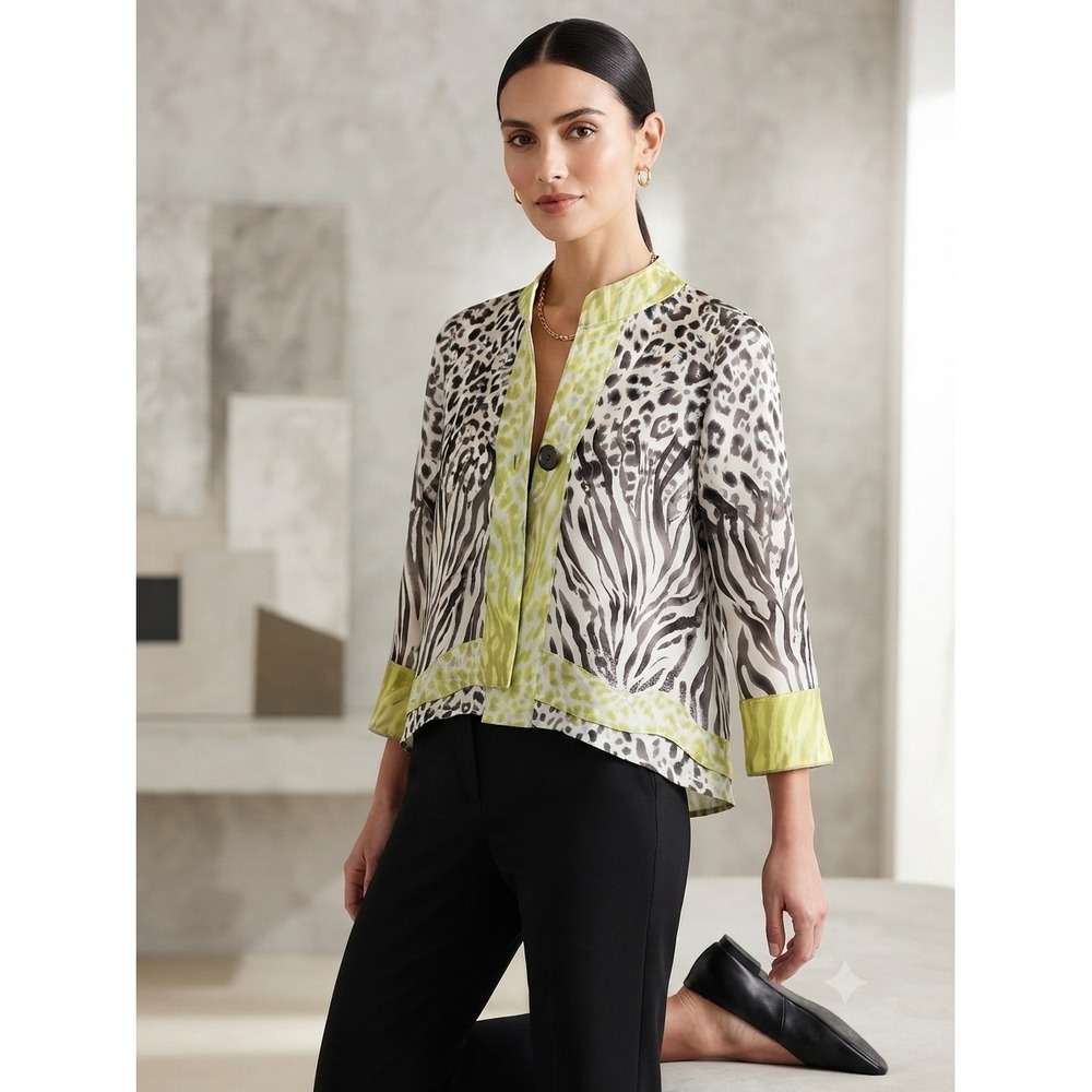 Joseph Ribkoff Animal Print Blouse Lime Green Zebra Leopard Single Button Top